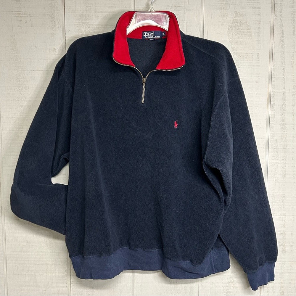 Vtg‎ Polo Ralph Lauren Mens Fleece 1/4 Zip Pullover Sweatshirt Pockets Pony Navy